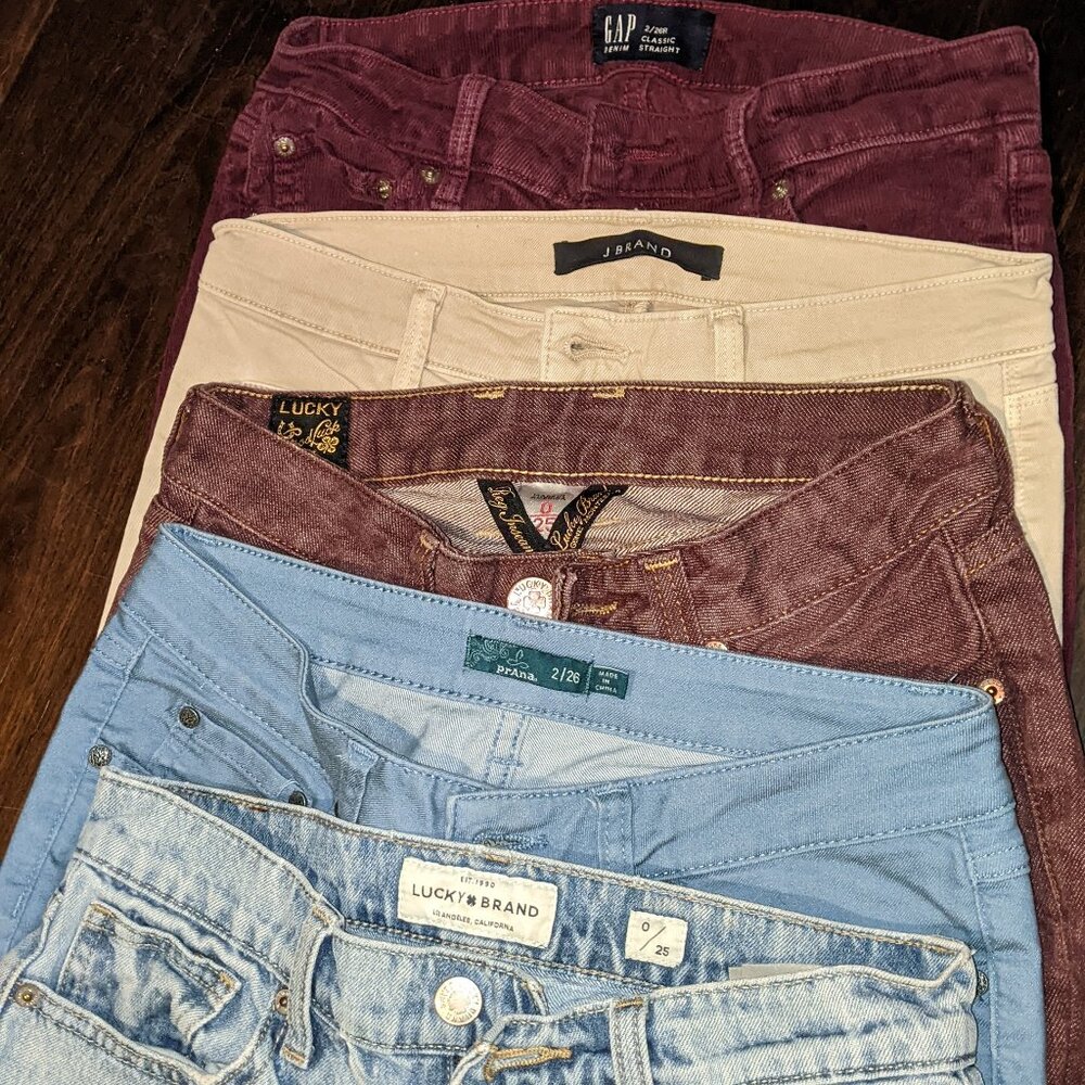 5 pairs jeans and corduroys Prana, Lucky Brand, Gap, and J Brand